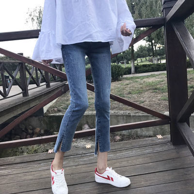 55211/八分直筒牛仔裤女显瘦直筒裤高腰矮小个子新款复古蓝弹力开叉8分