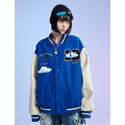 55518/2021新款春秋季潮牌棒球服女立体拼接白云印花毛呢夹克外套女装潮