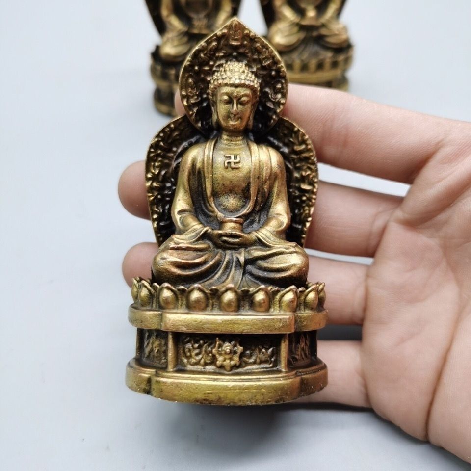 古玩铜器仿古背光佛像如来佛摆件如来佛信徒佛堂供奉摆件