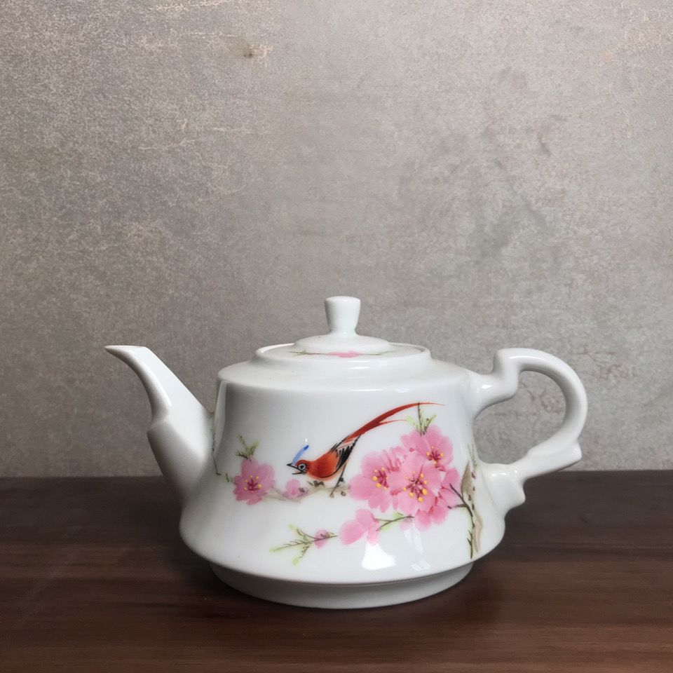 景德镇红色收藏7501毛瓷系列手工手绘水点桃花执耳茶壶库存厂货瓷
