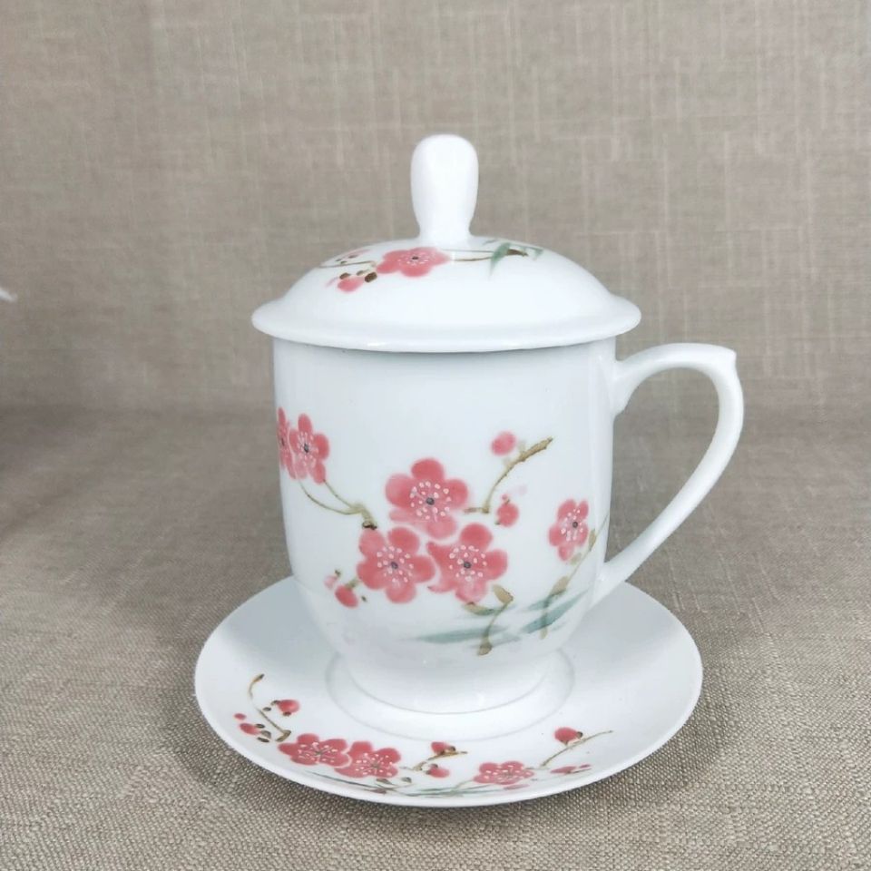 景德镇陶瓷7501瓷系列水点桃花直筒茶杯水印诗词头像会议室专用