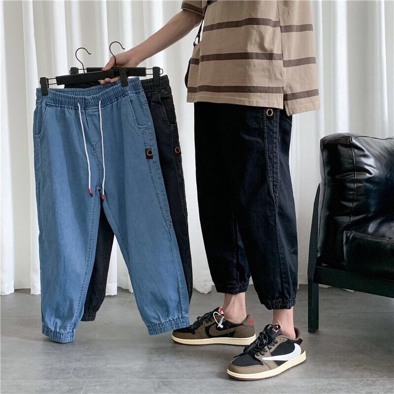 Denim Capris men's loose summer thin hip hop wide leg pants Korean fashion casual tooling binding Capris