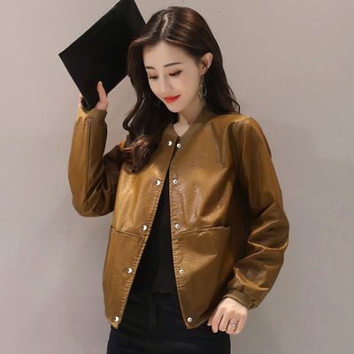63106/短款皮衣女春秋季2021韩版宽松大码立领PU皮短外套休闲皮夹克女潮