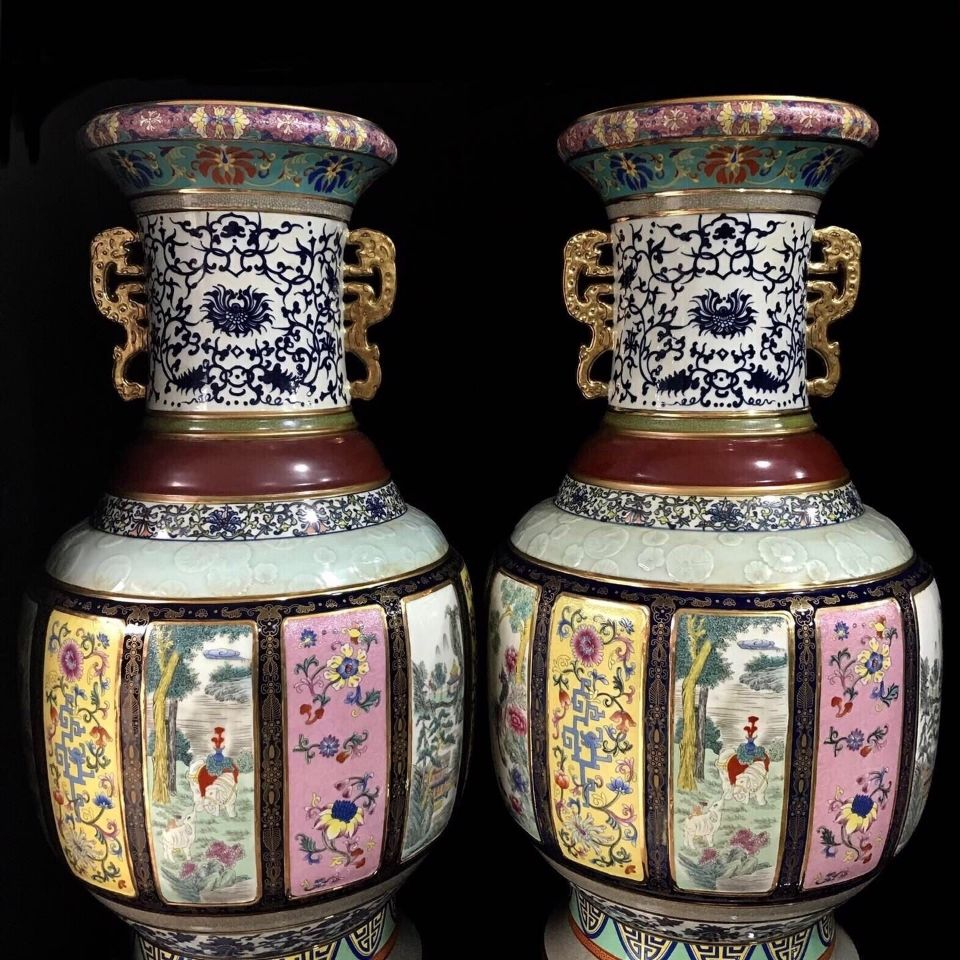 古董瓷器收藏品瓷王乾隆各种釉彩大瓶本金彩全美品