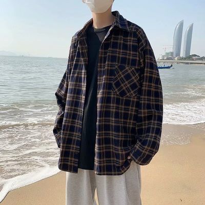 50618/港风格子长袖衬衫ins潮流春秋韩版宽松衬衣男超火cec薄款情侣外套