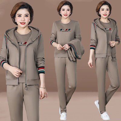 60593/春秋季妈妈装马甲三件套女中老年时尚卫衣连帽大码宽松运动服套装