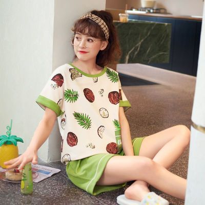 34309/短袖睡衣女夏棉质薄款家居服可爱学生卡通女士夏季短裤可外穿套装