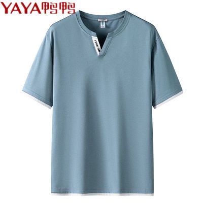 YAYA鸭鸭纯棉短袖t恤男V领2021夏季新款休闲纯色上衣打底衫内搭