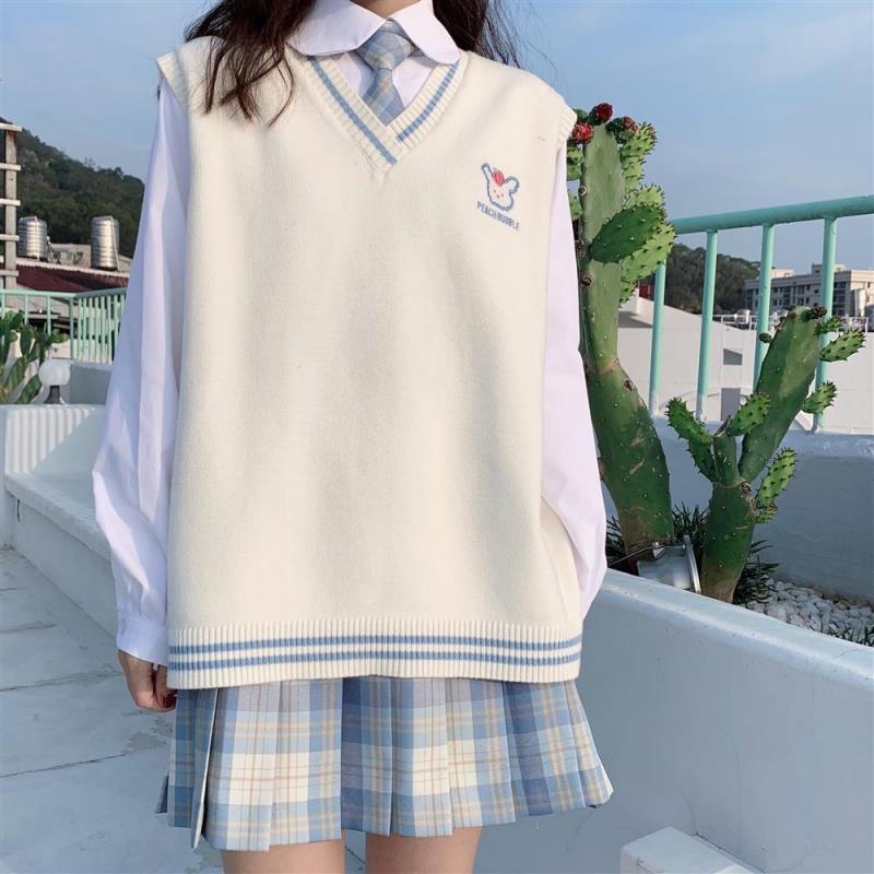 四件套裝/單件日系jk可愛風毛衣馬甲+襯衫+百褶裙v領馬甲學院風女