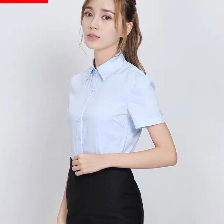 白襯衫女短袖翻領明扣夏裝半袖工作服正裝工裝大碼襯衣職業女裝ol