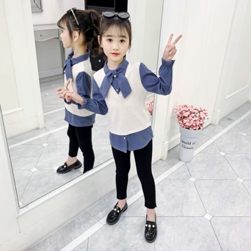 Girls' fake two-piece shirt spring and autumn new trendy children's loose foreign style Korean version of the big boy's long-sleeved shirt