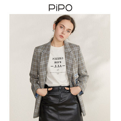 15531/PIPO2021春新款格子复古英伦小西装女长袖学院风韩版修身外套上衣