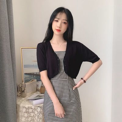 19699/2021新款韩版夏季高腰短款针织开衫外套女薄空调衫短袖防晒小披肩