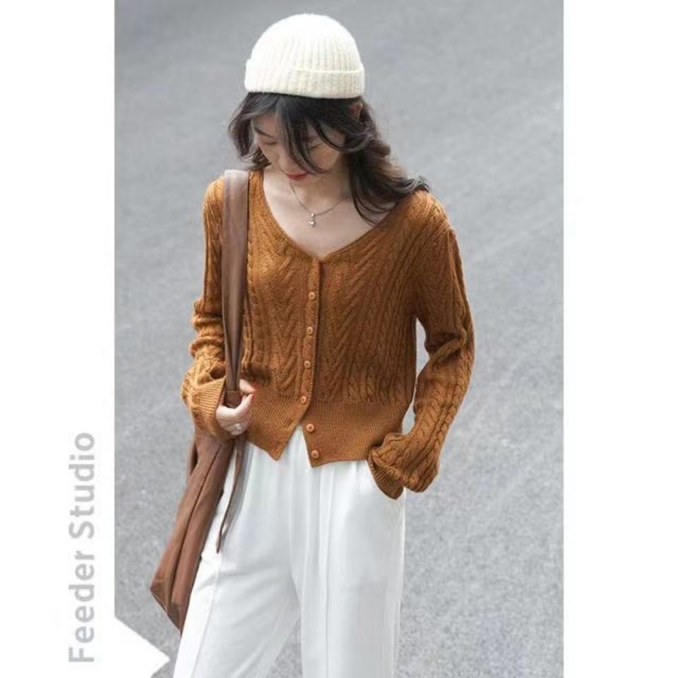 2021秋季新款5色小麻花针织开衫外套上衣女短款长袖v领外穿毛衣
