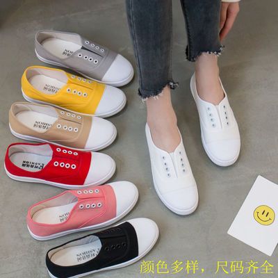 62742/八色可选ins帆布鞋女韩版假系带一脚蹬球鞋平底百搭休闲小白鞋313