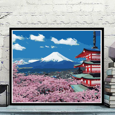 diy数字油画风景花卉手绘涂色客厅大幅装饰油彩画 日本樱花富士山