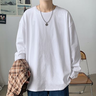 74994/棉2021春秋季新款情侣装男士休闲纯色打底衫潮流港风帅气百搭上衣