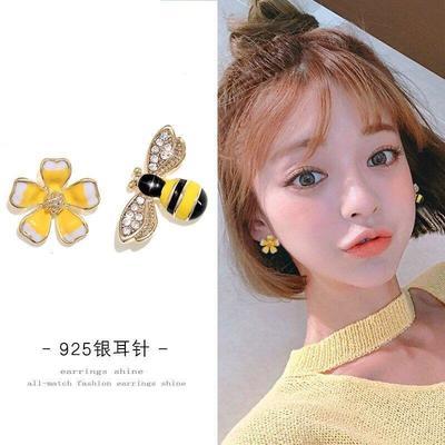 34268/925银针精灵耳环韩国气质个性耳坠软妹不对称花朵耳钉蜜蜂耳饰品