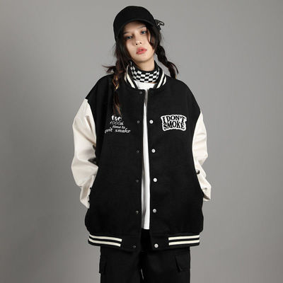 61357/国潮拼接pu皮袖毛巾绣外套酷潮女2021年春秋季夹克韩版潮牌棒球服