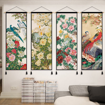 中式牡丹布艺挂画挂帘ins挂布背景布卧室客厅挂毯墙布壁毯装饰画