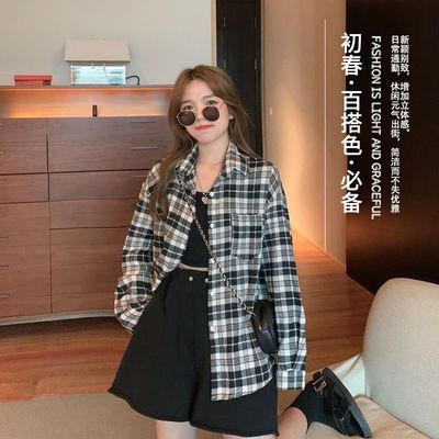 29760/清仓春季2021新款韩版宽松撞色格子衬衫女外穿复古港味中长款衬衣