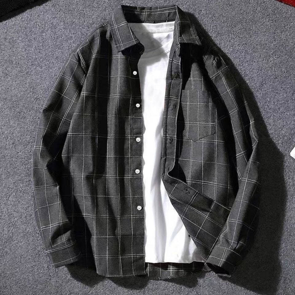 【买一送一】格子衬衫男士韩版潮流长袖衬衣学生休闲春季男装外套