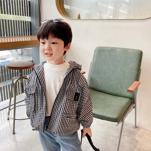 童裝男童外套2021春裝新款韓版洋氣寬鬆寶寶格子休閒連帽兒童外衣