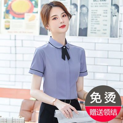 35806/短袖衬衫女职业正装时尚洋气娃娃领上衣夏季新款韩版白衬衣工作服