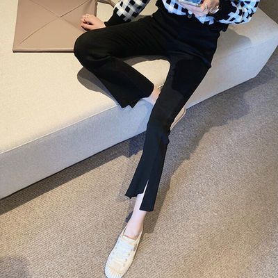 35297/微喇裤女九分裤2021夏季新款高腰显瘦黑色裤子秋季开叉八分喇叭裤