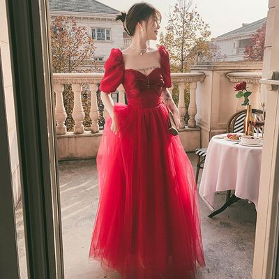 46163/红色结婚敬酒服2021新款春夏季高贵气质长款结婚订婚回门晚礼服女