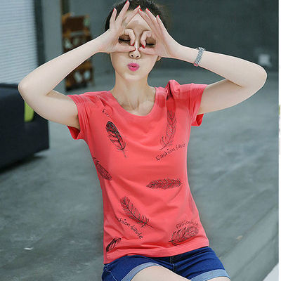 木瓜牛奶夏季新品上衣韩版显瘦棉质圆领短袖印花镶钻莫代尔 T恤
