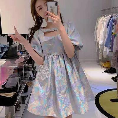 61100/少女甜美泡泡袖连衣裙女2021浪漫香芋紫方领初恋宽松显瘦仙女短裙