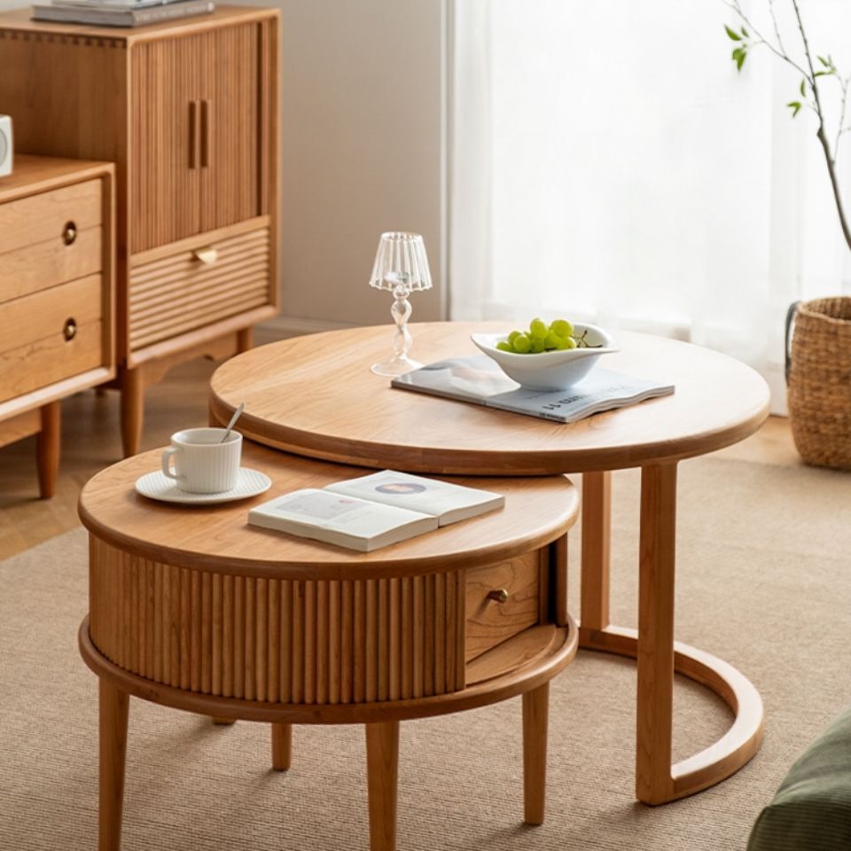 北欧实木圆形茶几组合小户型樱桃木中古客厅家具日式边几小圆桌【2月