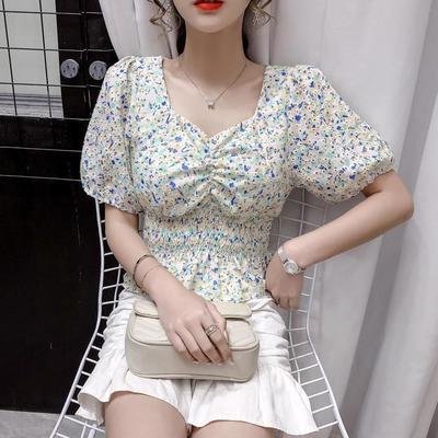 9241/雪纺衫女短袖2021夏季锁骨泡泡袖短款心机设计感小众上衣潮