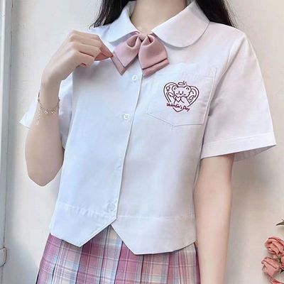 【爱心熊】妙氏原创娃娃衫JK衬衫秋季短袖刺绣上衣女短款丸襟制服