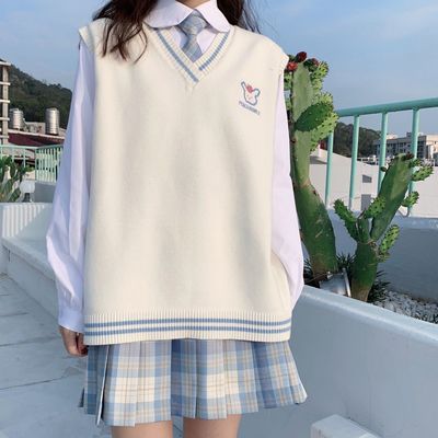 76419/春秋新款V领学院风清新制服针织背心马甲宽松无袖毛衣毛线女潮