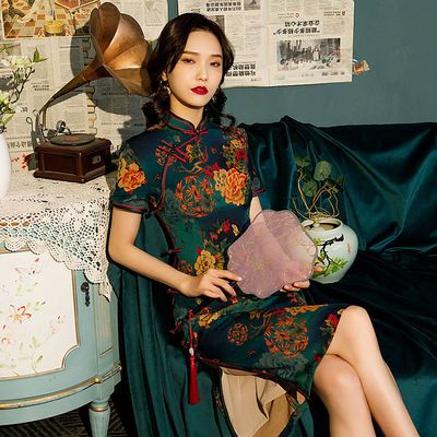 29849/中长款双层香云纱旗袍八扣日常复古修身优雅中国风大码中年妈妈装