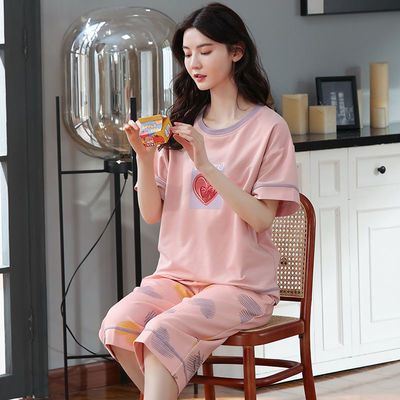77648/100%纯棉睡衣女夏全棉家居服短袖春夏2021年新款夏季大码两件套装