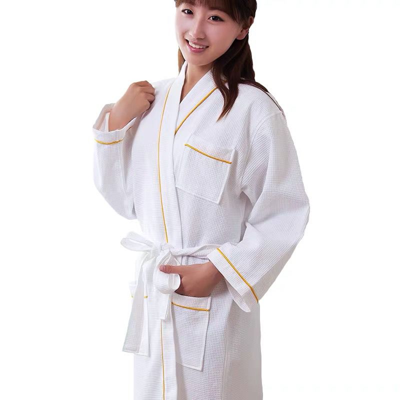 Spring and summer thin nightgown women's pure cotton waffle hotel couple bathrobe men's quick-drying bathrobe beauty salon large size pajamas
