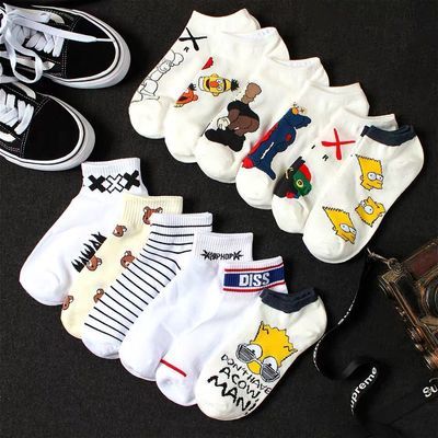 77164/夏季袜子男ins短袜女低帮棉质短款韩版潮流运动卡通薄款纯白船袜