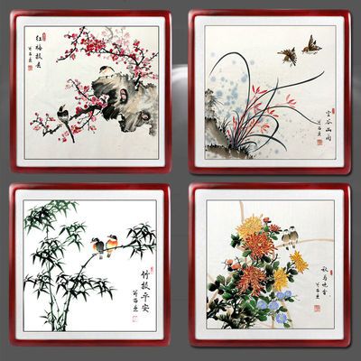 手绘斗方花鸟客厅装饰画事事如意柿子图梅兰竹菊四联画餐厅玄关画