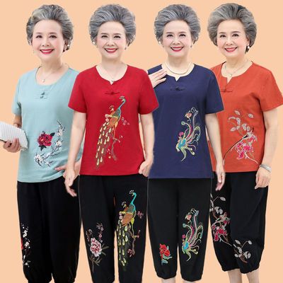 36305/老年人女夏棉麻70-80岁老太太绣花上衣妈妈装短袖奶奶装两件套装