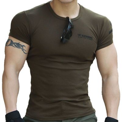 男特种兵战术健身棉弹力紧身衣修紧身T恤圆领印花半袖透气显肌肉