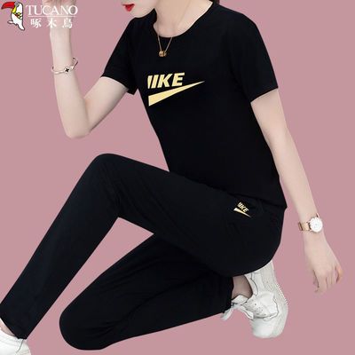 31303/啄木鸟纯棉运动套装女2021夏季新款时尚宽松洋气休闲显瘦两件套潮