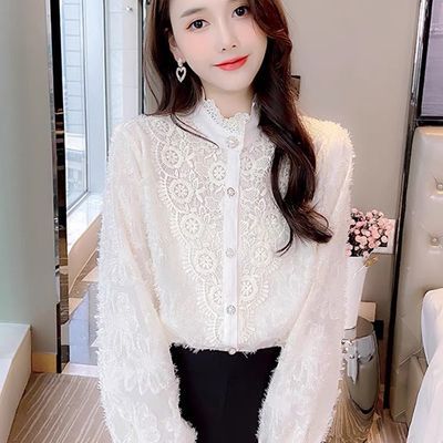 18422/蕾丝花边打底衫女2021春季新款韩版女装修身雪纺衬衫时尚气质小衫