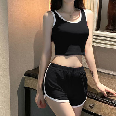 31348/夏季运动短裤女两件套装韩版背心瑜伽跑步运动3分阔腿休闲无袖套