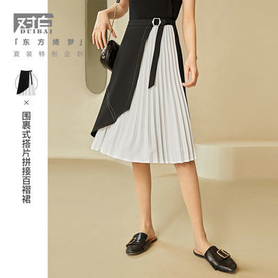 35422/对白东方绮梦时髦拼接半身裙女2021夏季新品高腰A字裙中长百褶裙