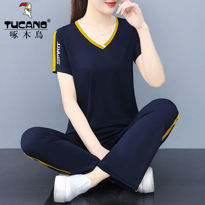34253/啄木鸟纯棉运动套装女夏季2021新款时尚休闲短袖套装两件套跑步服
