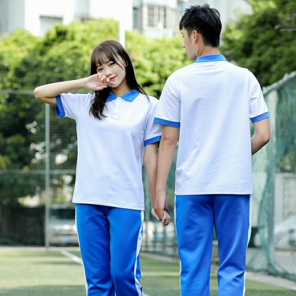 校服初中小学生学院风夏季棉质透气男女同款大学蓝白翻领短袖班服