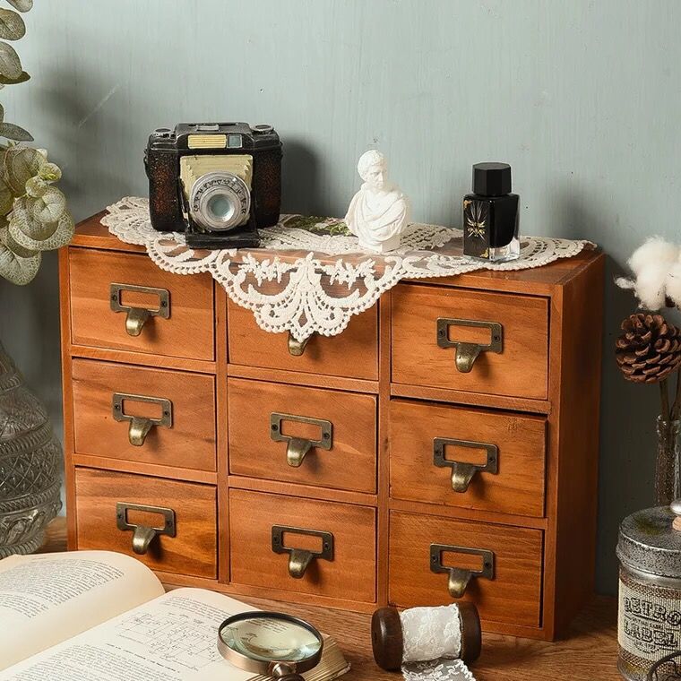 ZAKKA复古做旧木质9格储蓄柜多抽屉盒杂物桌面饰品收纳盒小抽屉柜